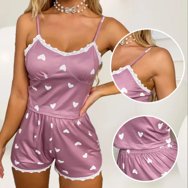 Women’s Two-Piece V-Neck Suspender Lace Lace Printed Top and Shorts Women’s Casual Printed Pajama Set